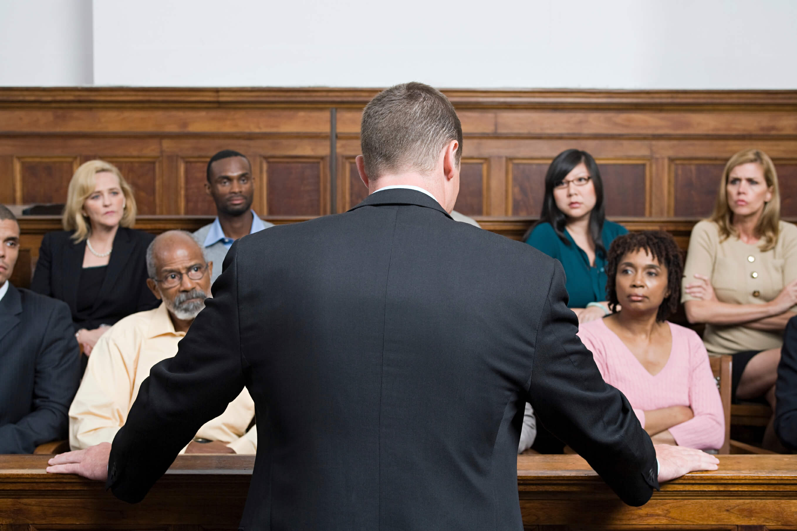 A lawyer speaking to a courtroom